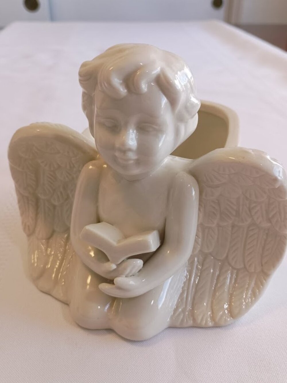 Vintage White Ceramic Angel Figurine with Book Planter